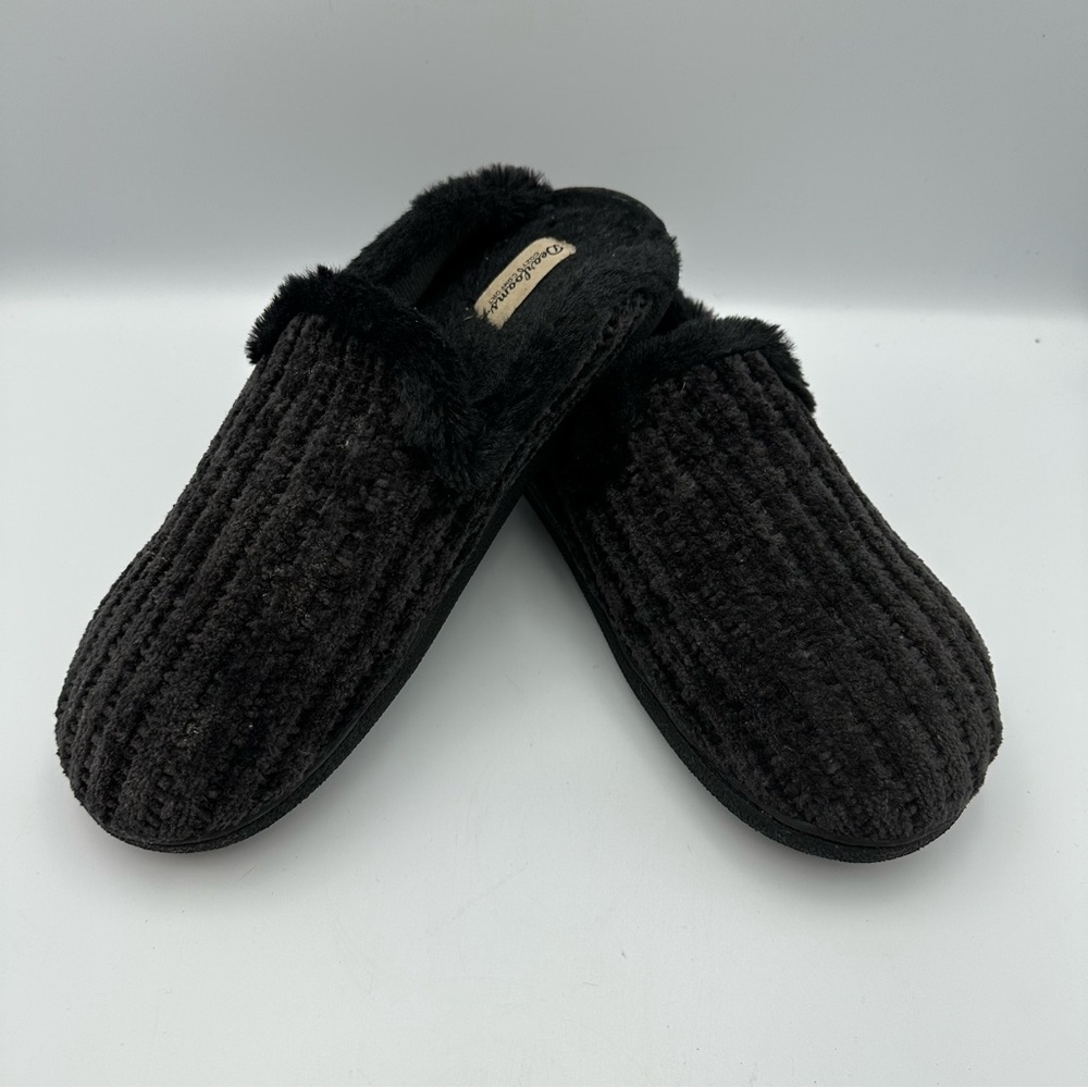 Dearfoam Slippers Black Faux Fur Women’s Size Large 9-10 Soft Preowned EUC
